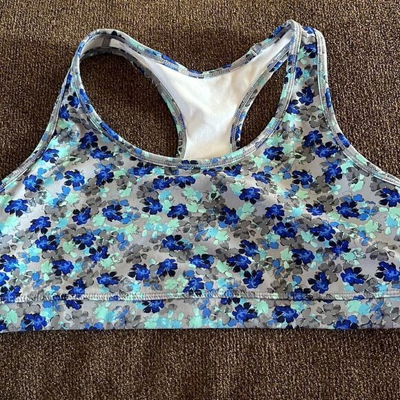 GapFit Pullover Blue and Gray Floral Pull-Over Sports Bra- Large - Picture 6 of 9